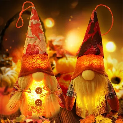 Productafbeelding van Verlichte herfstkabouters - Set van 2 - Pluche herfstdecoratie