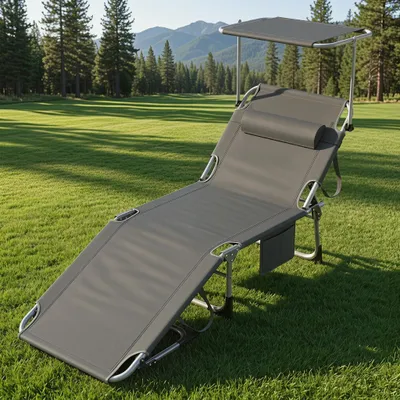 Produktbild von ACXIN 2 Stück Anthrazit Outdoor Liege mit Sonnenschutzdach, vier Rückenpositionen, kompakt zusammenklappbar für Ausflüge und Urlaub