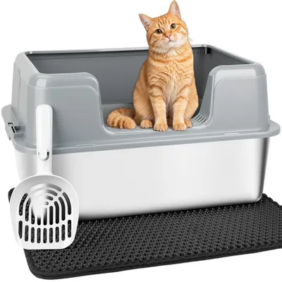 Produktbild von XXL Edelstahl-Katzenklo mit Schaufel und Matte, Grau, Auslaufsicher