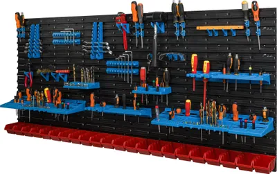 Obrázek produktu pro 22 stohovacích boxů Nástěnná police Plast 173,3 x 78 cm Držák na nářadí Dílna Garážový skladovací systém Pohled Skladovací boxy Žlab