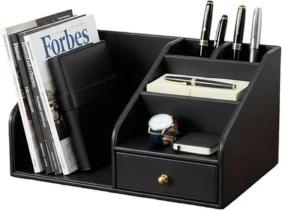 Produktbild von PolkaHome® Schreibtisch-Organizer mit A4 Ständer, Kunstleder, multifunktionaler Stifthalter, Büro-Organizer, Zeitschriftenhalter, Schwarz