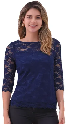 Productafbeelding van Bloemenkant Blouse met 3/4 Mouwen - Donkerblauw