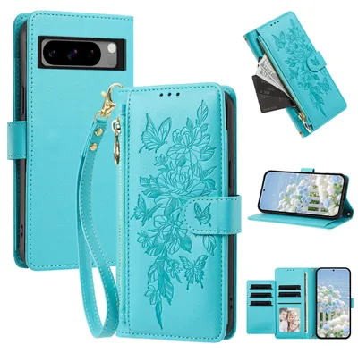 Produktbild von Handyhülle für Google Pixel 8 Pro, Wallet Case Kunstleder mit Kartenfächern, Reißverschluss und Handschlaufe Blau