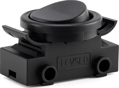 A black rocker switch is shown from a diagonal angle against a white background.