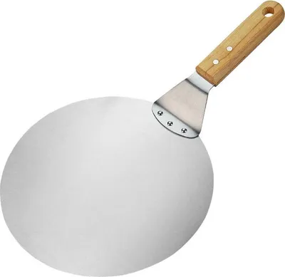 Produktbild von Pizzaschieber aus Edelstahl – Pizza- und Kuchenschieber mit Holzgriff – Runder Pizzaschieber für Pizza, Flammkuchen und Brot (Braun/Silber – Rund)
