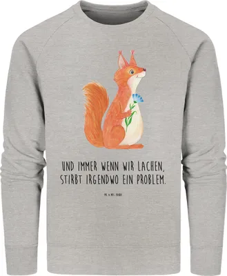 Produktbild von Mr. & Mrs. Panda Bio Baumwoll Pullover Eichhörnchen Blume Größe L - Heather Grey - Geschenk, Spruch Positiv, Rundhals, Lachen, Pulli, Lustige Sprüche, Nachhaltiger, Spaß