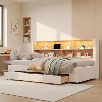 Immagine prodotto di Letto a giorno MODFU 90x200 con letto estraibile, struttura imbottita in velluto, divano letto per ragazzi con 2 cassetti, luci LED e porta USB, color beige (senza materasso), productTiles.product.images.aiGenerated