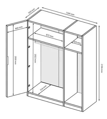 Produktbild von 3‑türiger Kleiderschrank Weiß Hochglanz mit Spiegel – 1472 × 2150 × 595 mm