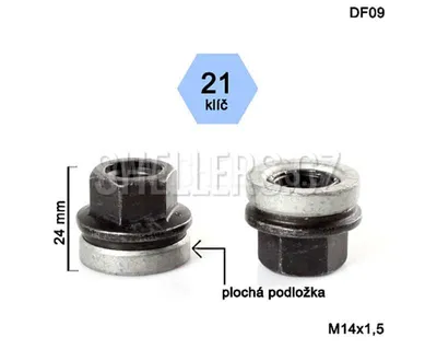 Obrázek produktu pro Kolová matice M14x1,5 otevřená s plochou podložkou, Ford, klíč 21, DF09, výška 24