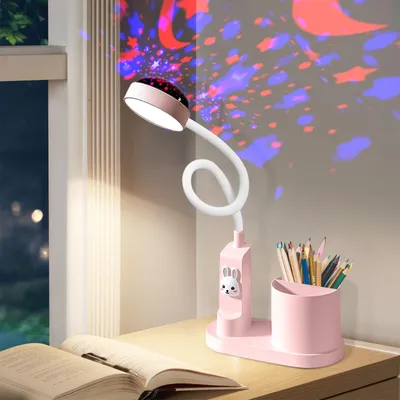 Produktbild von Leikurvo Schreibtischlampe Kinder, LED Nachttischlampe mit Stifthalter, Tischlampe Dimmbar Wiederaufladbare LED-Leselampe 360° Verstellbar Schwanenhals Studienlampe mit Stern Projektion (Rosa)