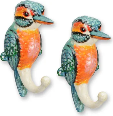 Produktbild von Paar Kleiderhaken aus Gusseisen in Form von Kookaburras Replikat Retro Design Dekoration
