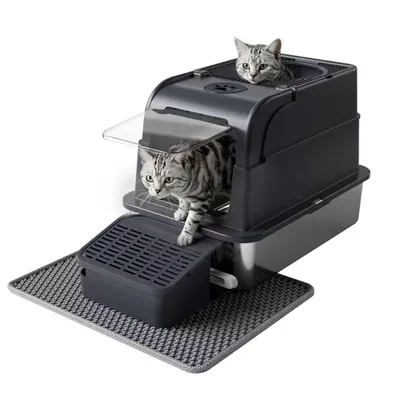 Produktbild von Katzentoilette Edelstahl - Katzenklo XXL Premium mit Deckel 3 in 1 Katzenklo 60 x 46 x 41 cm / Inklusive Rampe und Streumatte