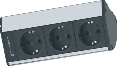 A three-socket power strip with a silver and gray casing.