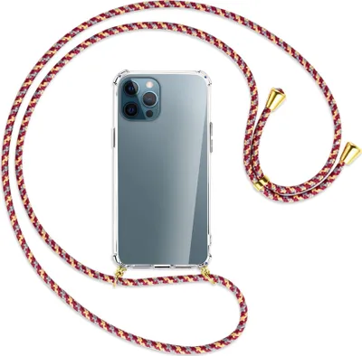 Produktbild von Handykette Backcover-Schutzhülle mit Band (Metall goldfarben) für Apple iPhone 12 Pro Max - weinrot/gelb/grau
