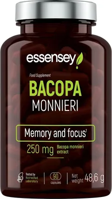 Produktbild von ESSENSEY - Brahmi I 250 mg I 90 Kapseln I 50% Bacoside I Bacopa Monnieri Extract I Labor I Vegetarier & ohne Zustze I 90 Tagesdosen