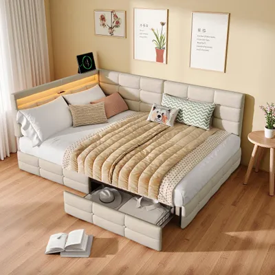 Zdjęcie produktu dla Łóżko tapicerowane INONEFT, rozkładane na sofę, 140x200 cm, z oświetleniem LED, portami typu C i USB, łóżko młodzieżowe z 2 szufladami i stelażem, tkanina lniana, kolor beżowy