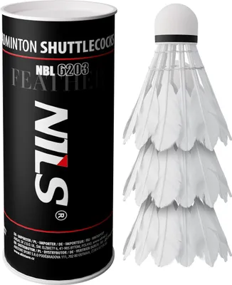 A can of badminton shuttlecocks and three shuttlecocks stacked on top of each other.