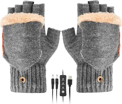 Produktbild von ASKSA USB Beheizte Handschuhe, Gestrickt Handwärmer Fingerlose Handschuhe Waschbar Beheizbare Handschuhe, Hellgrau