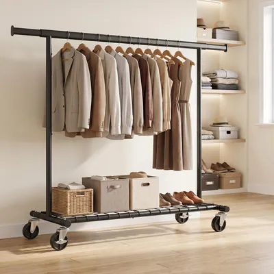 Produktbild von SONGMICS Kleiderständer auf Rollen, Garderobenständer Metall Ausziehbar, 180 kg Schwerlast, (160-200) x 45 x 161,5 cm, Schwarz