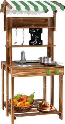 Immagine prodotto di COSTWAY Kids cucina di fango all'aperto, cucina per bambini bifacciale con tetto, lavagna, lavello e rubinetto, cucina da esterno in legno per bambini 3+
