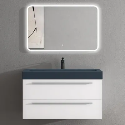 Image de doporro Meuble de Salle de Bains Blanc Mat Ensemble de 3 Pièces Meuble Suspendu avec Lavabo 100 cm et Miroir LED Design Quadratto