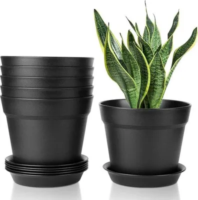 Produktbild von Famanu Kunststoffblumentöpfe mit Untersetzern - Set von 6 - Schwarz - 19 cm