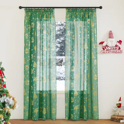 Image de Rideaux de porte-voile translucides avec motif de Noël, ensemble de 2, 140 x 220 cm, couleur verte