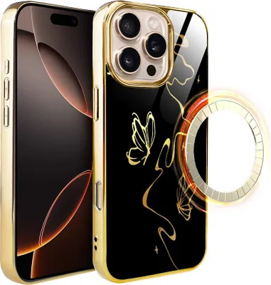 Immagine prodotto di custodia in vetro per iPhone 16 Pro Max IBIZU Elite con MagSafe, retro in vetro, Golden Midnight, effetto farfalla, oro