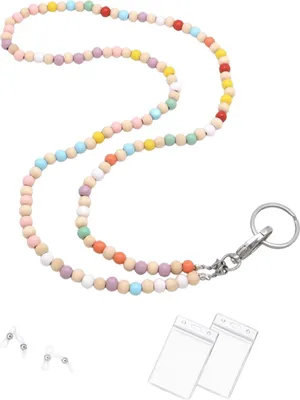 Produktbild von Buntes Schlüsselband mit Holzperlen für Lehrer, Ausweishalter, einziehbare Ausweisrolle, Schlüssel, Brillenketten, Brillenkette mit Kartenhüllen