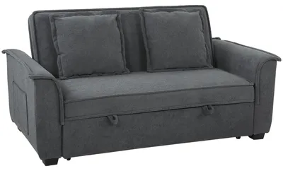 Obrázek produktu pro Rozkládací pohovka – pohovka s lamelovým roštem – nastavitelná opěrka – dvoumístná – 2 polštáře – kovový rám – polyester – tmavě šedá
