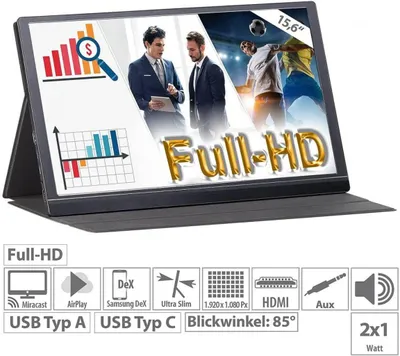 Immagine prodotto di auvisio EZM-210 (ZX-5067-675) Monitor portatile Monitor mobile Full HD IPS, 39,6 cm 15,6" Mirrorlink e AirPlay