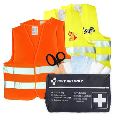 Produktbild von First Aid Only Kfz Verbandtasche DIN 13164 | 2 x Warnweste EN ISO 20471:2013 | 2 x Kinder Warnweste | Auto Pannenset