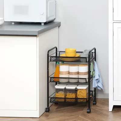 Zdjęcie produktu dla Wózek na kółkach z 3 półkami, wózek kuchenny o wymiarach 63x45x26,5 cm, wąski, uniwersalny wózek metalowy z kółkami i hamulcami, mobilny wózek serwowy, półka łazienkowa, kolor czarny