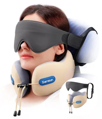 Zdjęcie produktu dla Poduszka podróżna na szyję z paskiem i maską na oczy 3D, wykonana z pianki memory, kolor beżowy