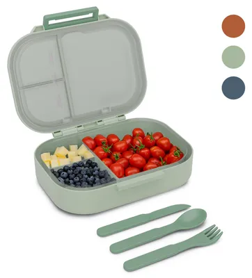 Image de Schmatzfatz Boite Repas À Compartiment - Boite Bento Adulte, Tritan Sans BPA, 3 Compartiments, Couverts Inclus, Étanche, Compatible Lave-Vaisselle, Vert Mousse