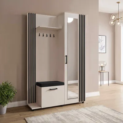 Productafbeelding van KSHOMECONCEPT Garderobeset LAYLA Jasmine 100, rechts, met schoenenkast en spiegel, bekleed met kasjmier met lamellen in zwart