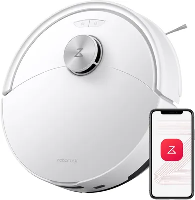 A white robot vacuum cleaner is shown from a slightly elevated angle, with a smartphone displaying a red icon with a white 'Z' in the lower right corner.