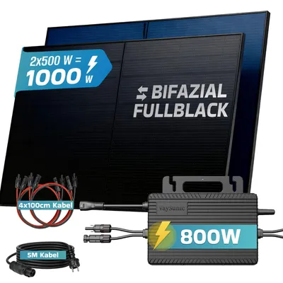 Produktbild von SUNNIVA 1000W Balkonkraftwerk BIFAZIAL FULLBLACK komplett Steckdose VAYSUNIC VM800WE-BE-P2 800W Wechselrichter, Solaranlage 2x500W Glas Solarmodule