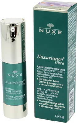A product shot of a Nuxe Nuxuriance Ultra Rejuvenating Eye and Lip Contour Serum bottle and its packaging.