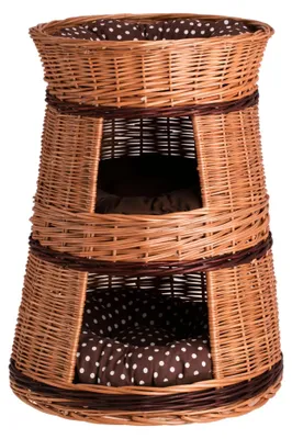 Produktbild von Elnoria Katzenhaus aus Weide mit braunen Kissen, drei Etagen TheWickerStories