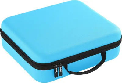 A blue Nintendo Switch storage case with a black zipper and handle.