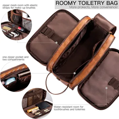 Produktbild von Kulturbeutel Kunstleder für Herren große wasserdichte Reise-Kulturtasche Waschtasche im Bade Kosmetiktasche mit einem Nass-Trockenbeutel, Braun (24 x 15 x 16 cm,Braun)