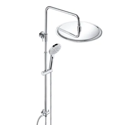 A chrome shower system with a large rain shower head and a handheld shower head, displayed against a white background.