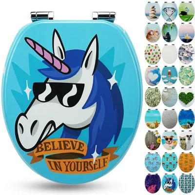 Produktbild von Sanfino® Premium WC Sitz "Funky Unicorn" hochwertiger Toilettendeckel mit Absenkautomatik aus Holz, viele bunte Motive, einfache Montage