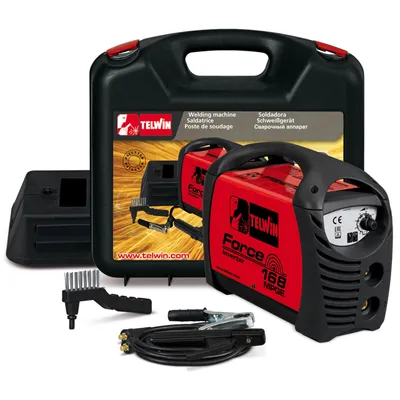 Image de Telwin Force 168 MPGE Appareil de soudage à électrodes MMA avec technologie Inverter, kit comprenant une mallette de transport, une garniture de raccordement, un câble de masse, une lame manuelle et un marteau à scories