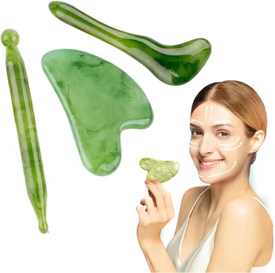 Produktbild von Jade-Gesichtsmassagegerät + Gua-Sha-Massagegerät aus Naturstein, Nacken-/Körpermassage, reduziert Augenschwellungen und beruhigt die Haut