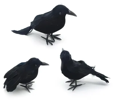 3 künstliche Krähen, schwarz, realistisch, Halloween-Deko