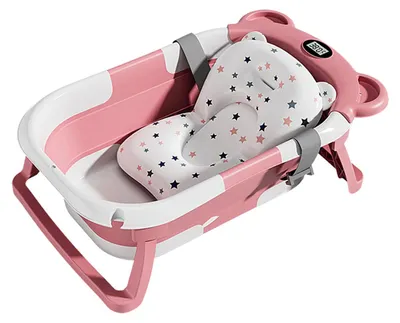 Image de Baignoire pour bébé - Baignoire pliable - Avec thermomètre - Revêtement antidérapant - Pour nouveau-nés de 0 à 15 mois - Baignoire de voyage - Rose