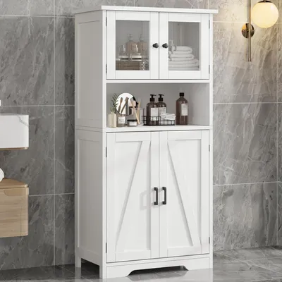Image de Armoire de salle de bain de 130 cm avec 4 portes et étagère réglable, de couleur blanche