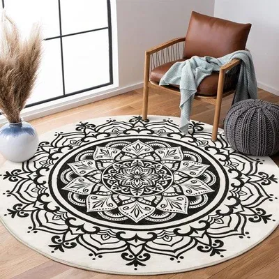 Productafbeelding van Rond vloerkleed, diameter ongeveer 120 cm, zacht en pluizig - zwart mandala-design